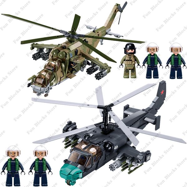 Électrique/RC Voiture Militaire Russie Avion WW2 MI-24 Kamov Ka-52 Hélicoptère Blocs de Construction Seconde Guerre Mondiale Armée Gunship Figure Briques Modèle Kit Jouets 230807