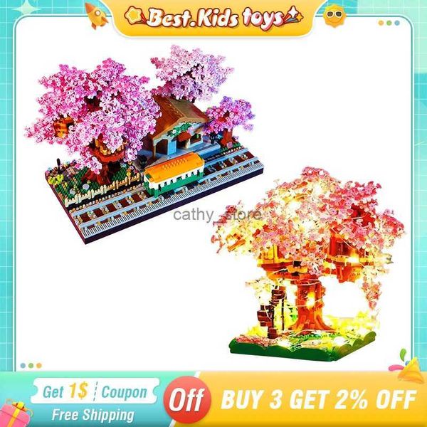 Les plantes de pot de voiture électriques / RC bloquent Bricks City Mini Sakura Tree House avec des lumières Cherry Blossom Model Model Building Blocys Toys for Kids Giftsl231114