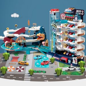 Electric/RC Track Electric Rail Car Dinosaur Building Parking Lot Adventure Racing Toys Children Brain Mechanical Interactive S 230222