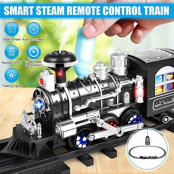 Eléctrico / RC Pista Simulación eléctrica Modo de tren Juguete con batería Ferrocarril Carga clásica RC Tren Locomotora de vapor de agua Juego con humo 230629