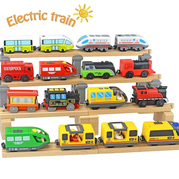 Ensemble de Train électrique sur piste électrique RC, Locomotive, voiture magnétique, fente moulée sous pression, compatible avec toutes les marques Biro, chemin de fer en bois pour enfants, jouets éducatifs 230308