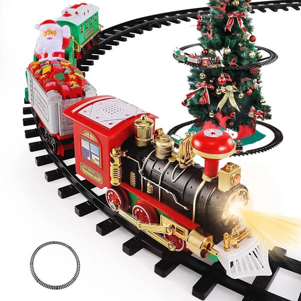Train électrique RC sur piste électrique, voiture jouet pour arbre de Noël, modèle ferroviaire, transport avec musique, cadeaux de Noël du père Noël 231215