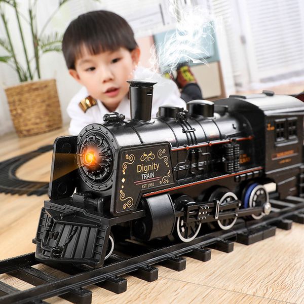 Eléctrico RC Vía Ferrocarril Tren clásico Juguetes eléctricos Locomotora de vapor de agua Juego con humo Modelo de simulación con pilas 221122