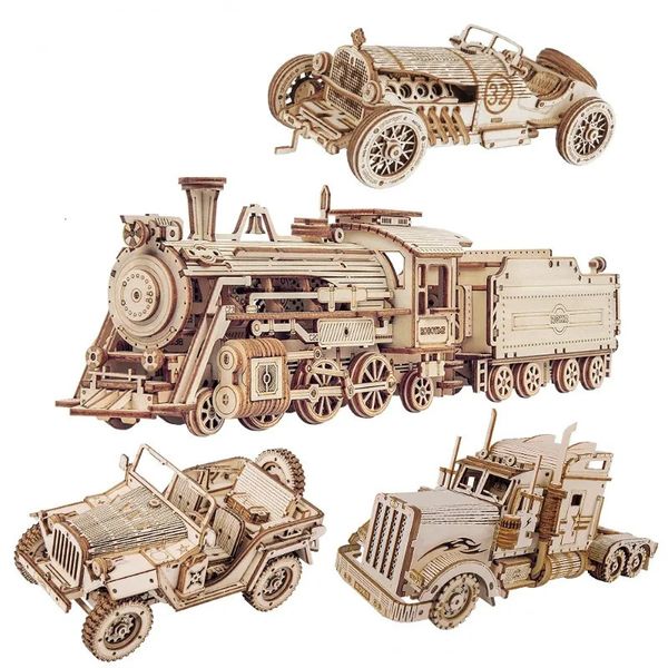 Eléctrico/RC Track Train Modelo 3D Rompecabezas de madera Conjunto de juguete Locomotora Modelo Kits de construcción para niños Regalo de cumpleaños Juguetes de construcción de madera 230928