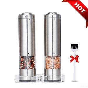 Electric Salt and Pepper Grinder 1 / 2PCS, met standaard LED-licht, keuken Spice Tools, roestvrijstalen automatische Molen 210712