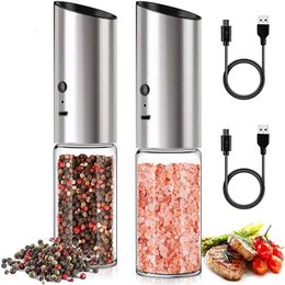 Electric Salt and Pepper Grinder Set USB Oplaadbare Eletric Mill Shakers Automatische Spice Steel Machine Keuken Tool 220311