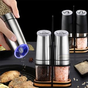 Moulins à sel et poivre électriques en acier inoxydable automatique Gravity Herb Spice Mill Réglable Grossière Cuisine Gadget Sets 220812