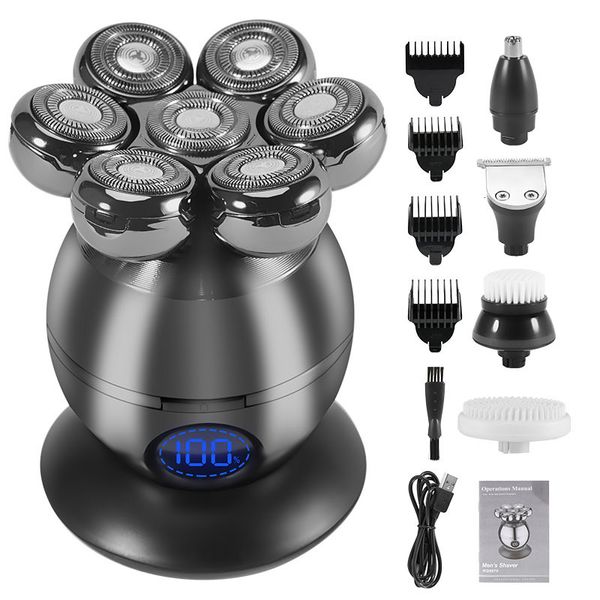 Afeitadoras eléctricas 5 en 1 Afeitadora de cabeza para hombres calvos 7D Cortadora flotante Barba Trimmer Clipper IP68 Afeitado a prueba de agua Carga inalámbrica USB 230803