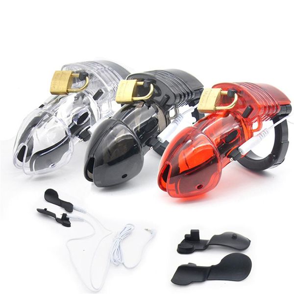 Choque eléctrico Pulse Chastity Lock Plastic Cock Cage con anillo de puño ajustable CBT Pene Locking Sex Toys para hombre