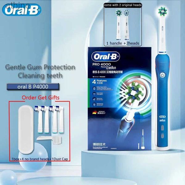 Brosses à dents électriques Têtes de rechange Brosse à dents Oral B P4000 Nettoyage des dents 3D 4 modes avec minuterie de 2 minutes et capteur de pression Supprimer la plaque Brosse à dents YQ240124