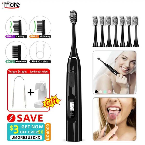 Brosses à dents électriques Têtes de rechange Brosse à dents sonique Noir Adulte 15Modes Étanche 8 Brosse remplaçable Support gratuit Grattoir à langue en métal YQ240124