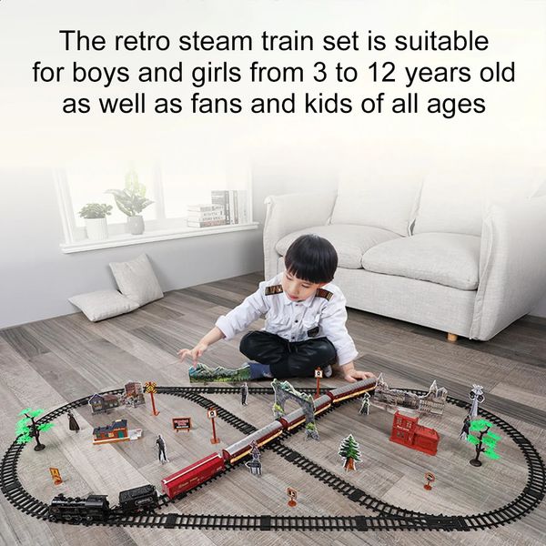 Juego de juguetes de tren eléctrico para niños, ferrocarril y vías, motor de locomotora de vapor, modelo fundido a presión, juego educativo, juguetes para niños, 240131