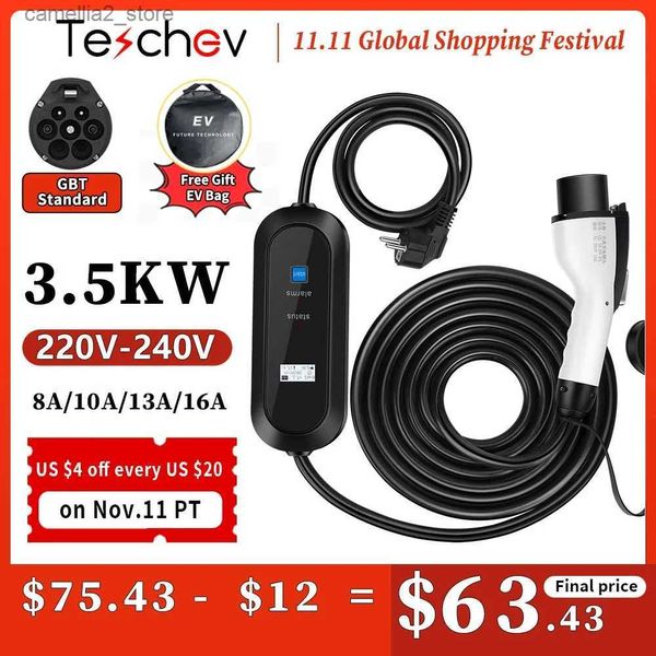 Accesorios para vehículos eléctricos Teschev 220V 3.5KW Cargador portátil EV GB / T 16A Cable de carga Controlador de enchufe de la UE Wallbox 3.5M 5M Cargador de automóvil para automóvil eléctrico Q231113