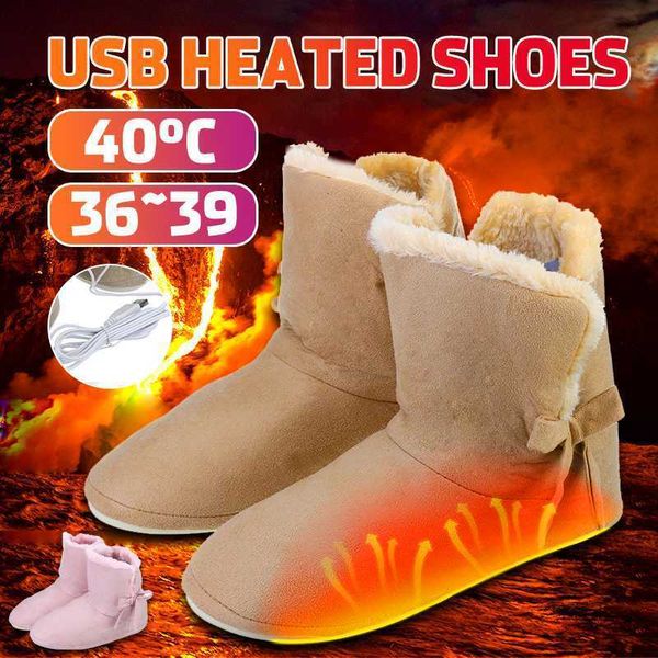 Zapatos con calefacción eléctrica, botas de nieve cálidas para invierno, cómodo calentador de pies de felpa, lavable, carga USB, calefacción 221102