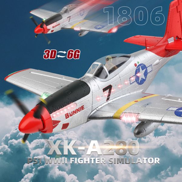 ElectricRC Aircraft Wltoys XK A280 RC Plane P51 Modelo 3D6G con LED 24GHz GPS Avión de control remoto Grandes juguetes de combate Regalo para niños FPV 230825