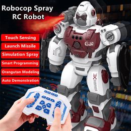 Electricrc dierengebaar detecteren Robocop Spray afstandsbediening Robot ing raketten puzzelverlichting Smart Programming RC Toy For Children 230812