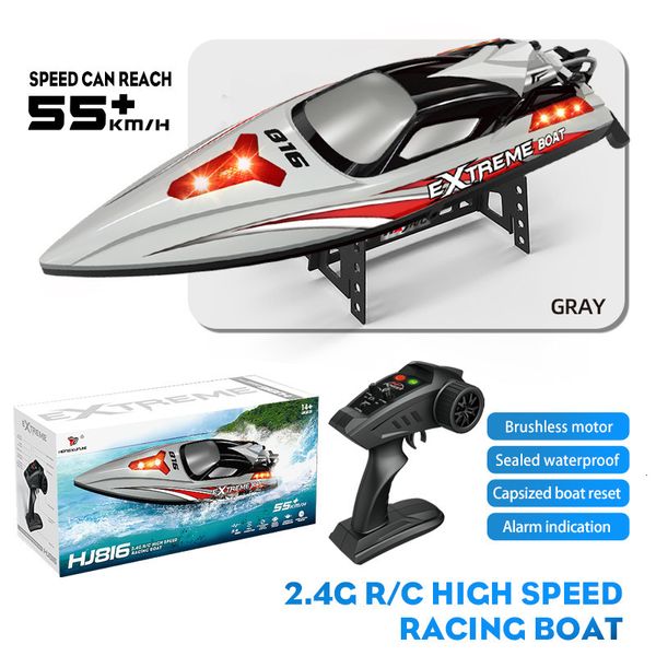 Barcos ElectricRC 55 kmh Carreras de alta velocidad HJ816 Barco RC sin escobillas 24 Ghz Modelo de control remoto profesional Lancha rápida VS Ft012 Wl916 Juguetes 230906