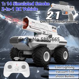 ElectricRC Car 1 14 Simulado Smoke 2In1 Remote Control Vehicle Cool Lighting Vacuum Tire Shoot Bullets Omnidirecional Steering RC Toys 230807