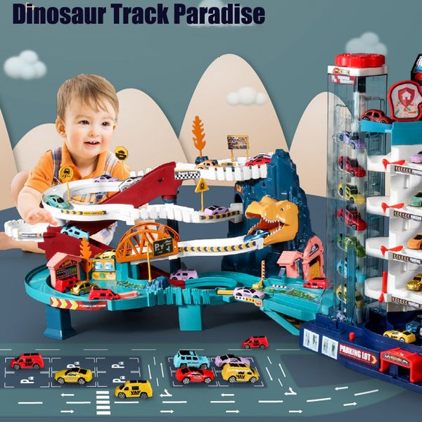 ElectricRC Track Electric Rail Car Dinosaure Bâtiment Parking Aventure Racing Rail Car Jouets Enfants Cerveau Mécanique Interactive Rail Car 230609