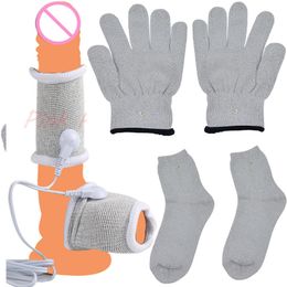 Gants électrochocs Massage corporel Stimulation anneau de pénis chaussettes conductrices en fibres jouets sexy pour adultes pour Couple