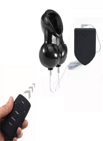 Electro Shock Set Control remoto inalámbrico Anillo de escroto Electro Ball Stretcher Jaula de castidad Anillos para pene Masculino Médico Juguetes para adultos 9761516