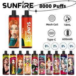 Cigarette électronique Sunfire Bar Puffes 8000 VACTER DIREPLABLE 600mAH Batterie rechargeable Range de cartouche préfabillée 50 mg 20mg 30mg 0mg Boîte de vape d'usine Emballage