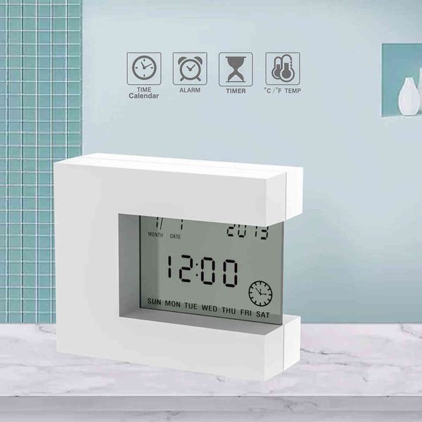 Cuadrado electrónico LCD Calendario Despertador Reloj de escritorio digital Blanco con termómetro para el hogar Temporizador de cuenta regresiva Funciona con batería 211111