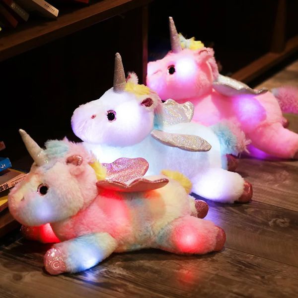 Licorne électronique jouets en peluche animaux en peluche poupée douce lumière LED en peluche rougeoyante poupée douce bébé enfant jouets anniversaire cadeau de Noël 240113