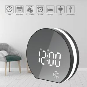 Electronic USB LED Mirror Table Alarm Clock Digital Bedroom Bedside Clock with Light &Snooze & Temperature Modern Office Watc 201120