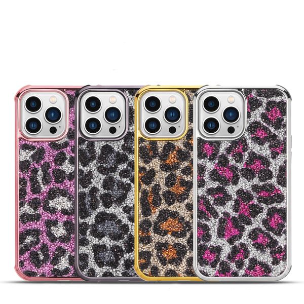 Estuches de leopardo con diamantes de imitación galvanizados para iPhone 13 Pro Max 12 11 XR 8 Plus Funda 2 en 1 a prueba de golpes