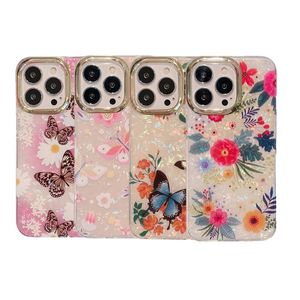 Gegalvaniseerde bloemenhoesjes voor iPhone 15 14 plus 13 12 11 Pro Xs MAX XR X telefoon mooie bloemenplating duidelijke hoes vlinderhoes meisjes fabrieksprijs