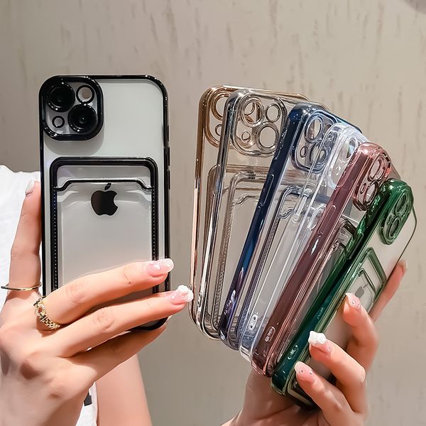 Funda tipo billetera con tarjetero transparente galvanizada para iPhone 13 11 12 14 Pro Max 14 Plus XS XR Bolsillo para fotos Borde chapado a prueba de golpes Parachoques Cubierta trasera de silicona