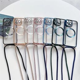 Geëlektroplateerd transparante magnetische draadloze laadkas geschikt voor iPhone 15 14 11 12 13 Pro Max Crossbody ketting Case Factory 500pcs