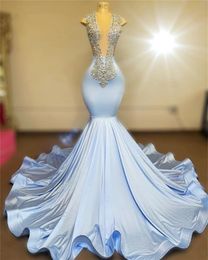 Elegan Light Blue T Prom Dresses Black Girls Sier Crystal Beading Mermaid Ladies Dress for Special OCNS Avondjurken 322