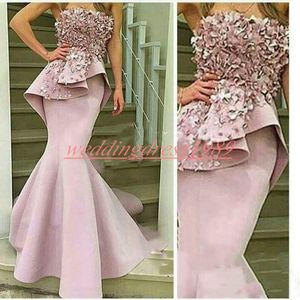 Elegantie Arabische zeemeermin peplum avondjurken satijn plus size strapsless handgemaakte bloem formele feestkleding Pageant prom jurken gelegenheid