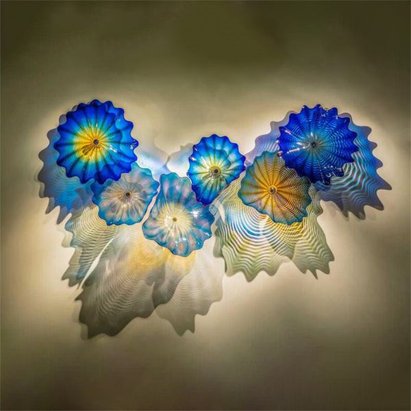 Elegancia Lámpara azul Mar Mediterráneo Placas de cristal de Murano Galería decorativa Arte de la pared Multi color Flor de lujo Decoración Sconce Diámetro 30 a 35 CM