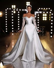 Elegantie Off Shoulder Lace lange mouwen trouwjurken met afneembare trein lieverd zeemeermin bruidsjurken Vestidos de novia 0523