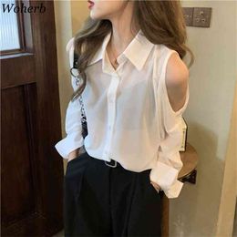 Elegance Office Lady Solid Blouse Vrouwen Sexy Off Shoulder Casual All Match Shirts Femme Tops Koreaanse Chic Cloth 210519