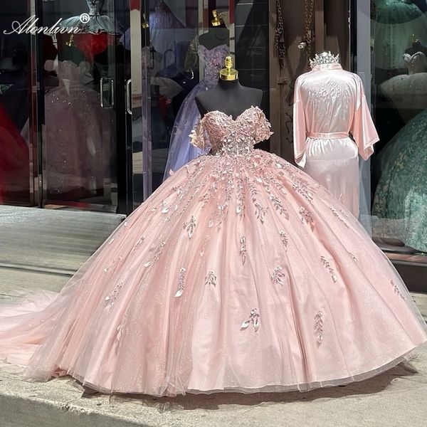 Élégance rose perlé 3D Fleurs appliques robes de bal gonflées robes de quinceanera Train de cour à manches épaules robes de soirée robes de soirée Robes d'anniversaire
