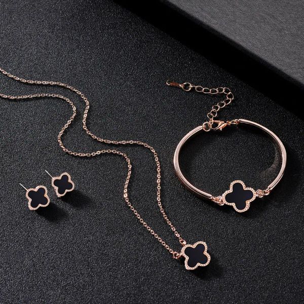 Elegant 18K Rose Gold plaquée à quatre feuilles de bijoux de trèfle ensemble pour les femmes Boucles d'oreilles de collier blanc noire