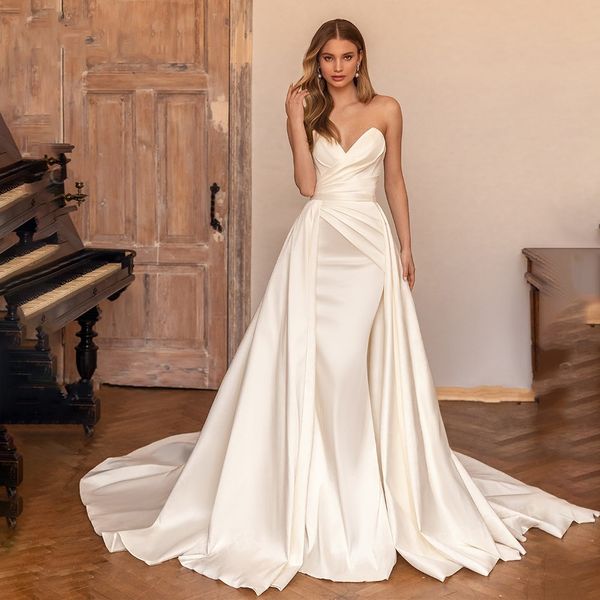 Vestido de novia elegante 2 en 1 con tren desmontable, Vestido de novia de satén sencillo sin mangas de satén, vestidos de princesa para novia, Vestido de novia marfil 2022