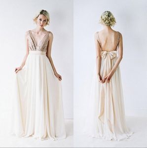 Elegante 2016 licht champagne lovertjes en chiffon bruidsmeisje jurken lange sexy v-hals backless boog strand zwangere meid van eer gown en3258