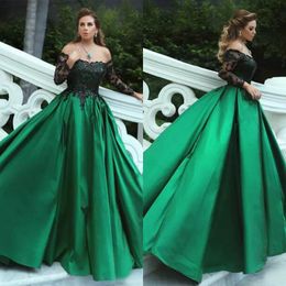 Élégant 2017 Noir De L'épaule Dentelle Paillettes Robes À Manches Longues Tenue De Soirée Satin Vert Robes Formelles Sur Mesure EN82217