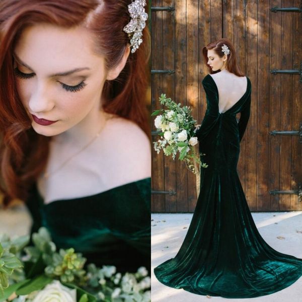 Invierno 2019 Terciopelo verde esmeralda Sirena Vestidos de noche con mangas largas Cuello en V Corte bajo Volver Vestidos formales Vestidos de fiesta de graduación por encargo