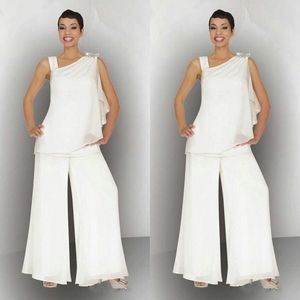 Elegante 2020 moeder van de bruid chiffon broek pakken voor zomer bruiloft asymmetrische halslijn wit ivoor strand moeder van de bruidegom jurken