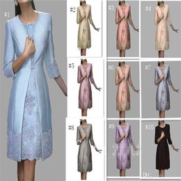 Elegante 2018 Vestidos de madre de la novia con chaqueta larga Joya 3 4 Vestido formal de manga larga Apliques de encaje Hasta la rodilla Noche Gow272D