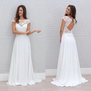 Élégant 2019 Boho Casual Plage Robes De Mariée Dos Ouvert Manches Capuchon Une Ligne Balayage Train Blanc Dentelle Et Mousseline De Soie D'été De Mariée Go211A