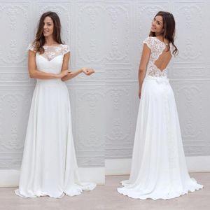 Élégant 2019 Robes de mariée de plage décontractée Boho Open Back Capp Capping Sweep Train White Lace et Murffon Summer Bridal Robes 247K