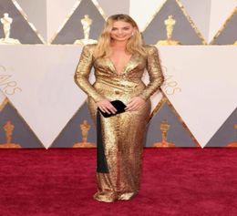 Elegante 2019 Nieuwe Oscar Margot Robbie Gold Avondjurken Sexy Diepe V-hals Lange Mouwen Bling Lovertjes Celebrity Rode Loper Gala Dr7747939