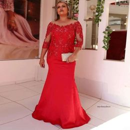 Elegant 2020 Red Sirène Mère de la mariée Robes transparente Coure de trois quarts de manche en satin de bal de robe Satin Long Q62 0510